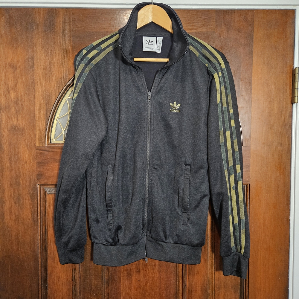 Adidas Originals Track Jacket | Black with Olive Camo Stripes | Men’s Small